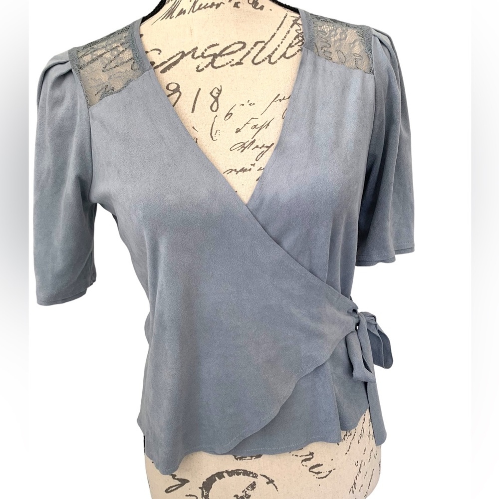 Zara Faux Suede Lace Wrap Top Dusty Blue Size S - Picture 3 of 12